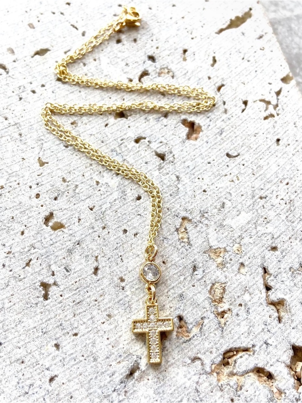 Dainty Gold Toned Cross Crystal Pendant Necklace